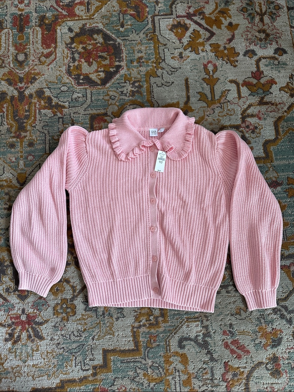 GAP Pink Ruffle-Collar Button Front Cardigan